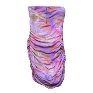 Tiger Mist Mesh Bodycon Ruched Watercolor Pink Orange Mini Dress Size XS